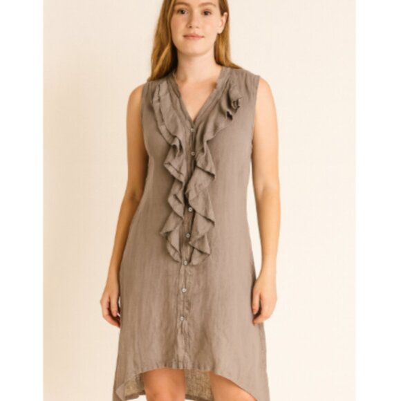 Terzo Millennio Women's SZ 12/M/44 Linen Sleeveless Ruffle Front Dress Back Lace - Picture 1 of 9